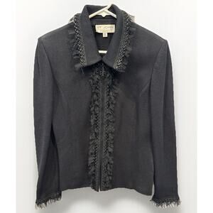 St. John Collection Exquisite Rich Black Santana Tulle Corded Zip Jacket Sz 10